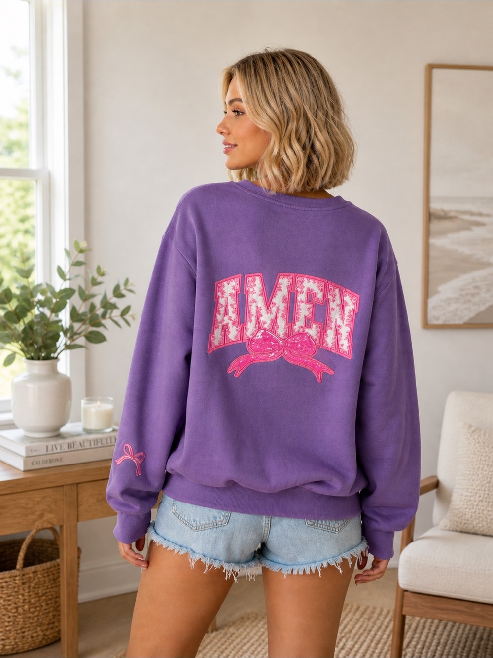 Custom Lavender Pray Amen Sweatshirt Bow patchwork Christian crew neck